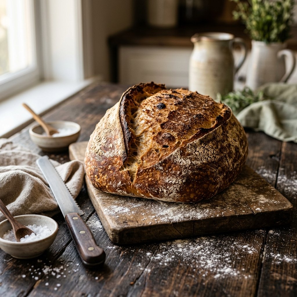 Pain au levain rustique d'exception sur une table farinée